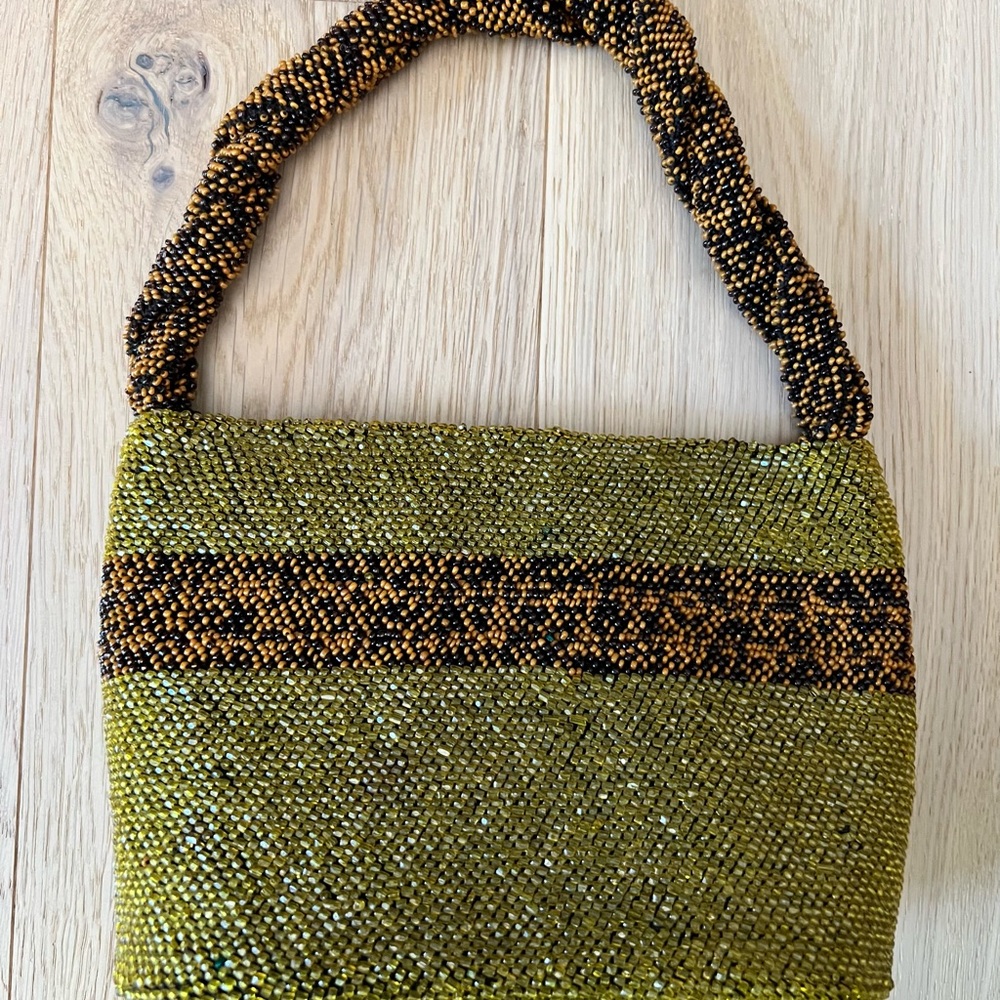 Elegant Vintage Beaded Green and Brown Handbag - Picture 3 of 9